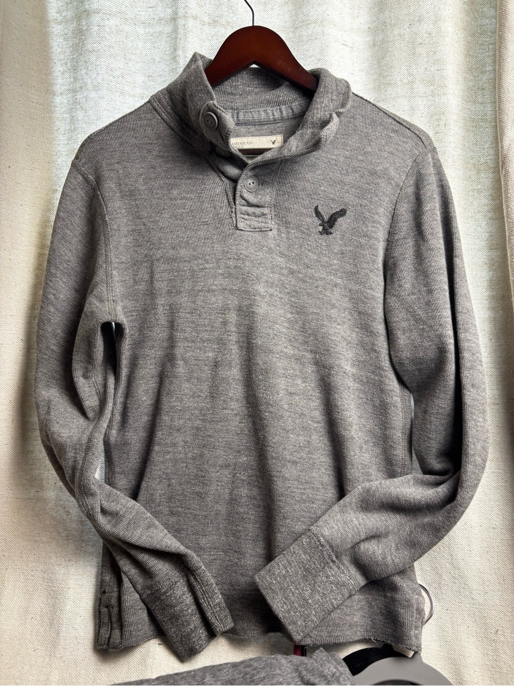 American Eagle Outfitters Gray Shawl-Collar Crewneck Sweater